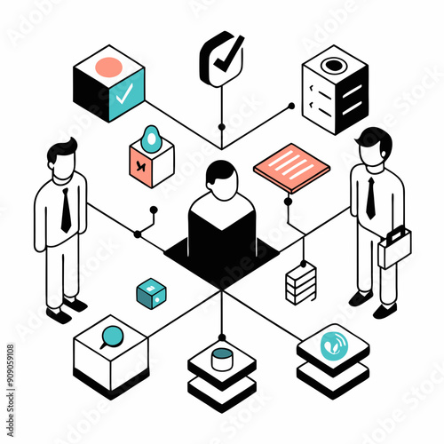 Isometric illustration depicting compliance, showcasing interconnected lines and a 3D icon.