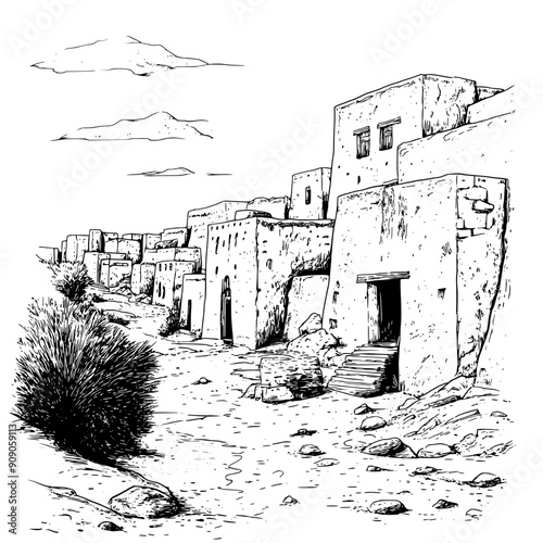 Illustration of a desert city with mud-brick structures and narrow alleys, vector illustration art