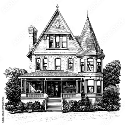 Illustration of a mansion with a steep roof, multiple gables, and a large porch, vector illustration art