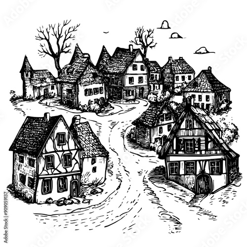 Illustration of a medieval village with timber-framed houses, winding roads, and a marketplace, vector illustration art