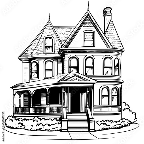 Illustration of a mansion with a steep roof, multiple gables, and a large porch, vector illustration art