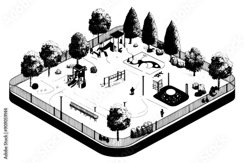 Illustration of a city park with open green spaces, walking paths, and a playground, vector illustration art