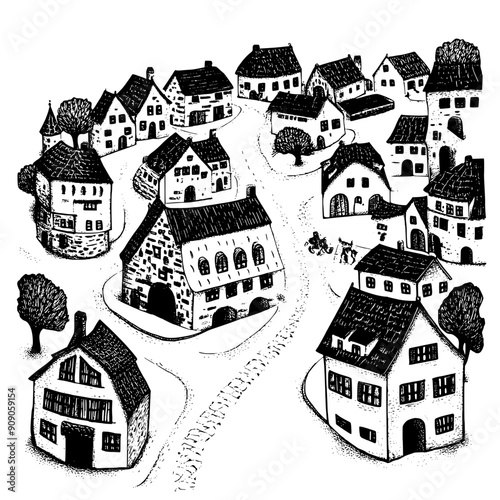 Illustration of a medieval village with timber-framed houses, winding roads, and a marketplace, vector illustration art