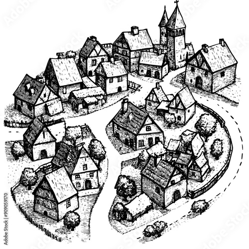 Illustration of a medieval village with timber-framed houses, winding roads, and a marketplace, vector illustration art