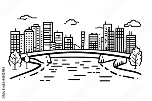 Illustration of a river through a city with bridges and buildings along the banks, vector illustration art