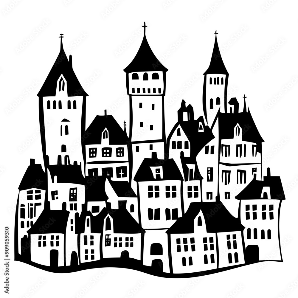 Image of a medieval European city with tall spires, castle walls, and clustered homes, vector illustration art Image of a medieval European city with tall spires, castle walls, and clustered homes, vector illustration art