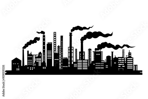 Industrial city skyline with factories, warehouses, and smokestacks, vector illustration art