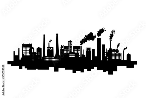 Industrial city skyline with factories, warehouses, and smokestacks, vector illustration art