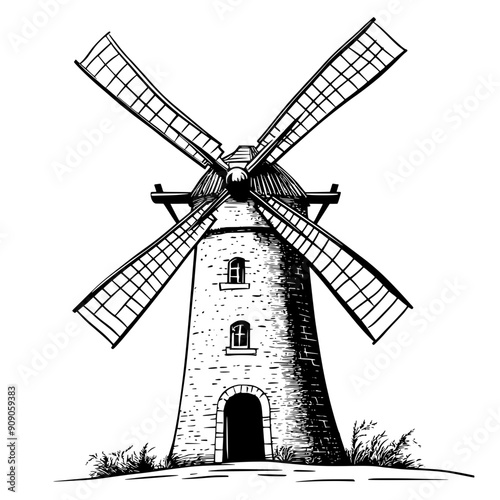 Old windmill with cylindrical tower and large blades, vector illustration art