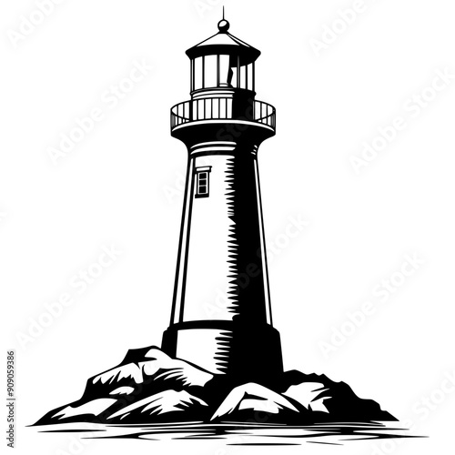 Old lighthouse with cylindrical tower and lantern room, vector illustration art