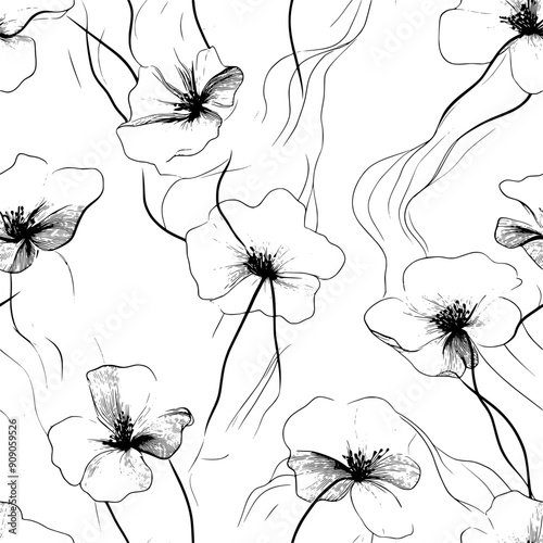 Blossoms interpreted through irregular, flowing lines, an ethereal, dreamlike floral presence, seamless pattern vector