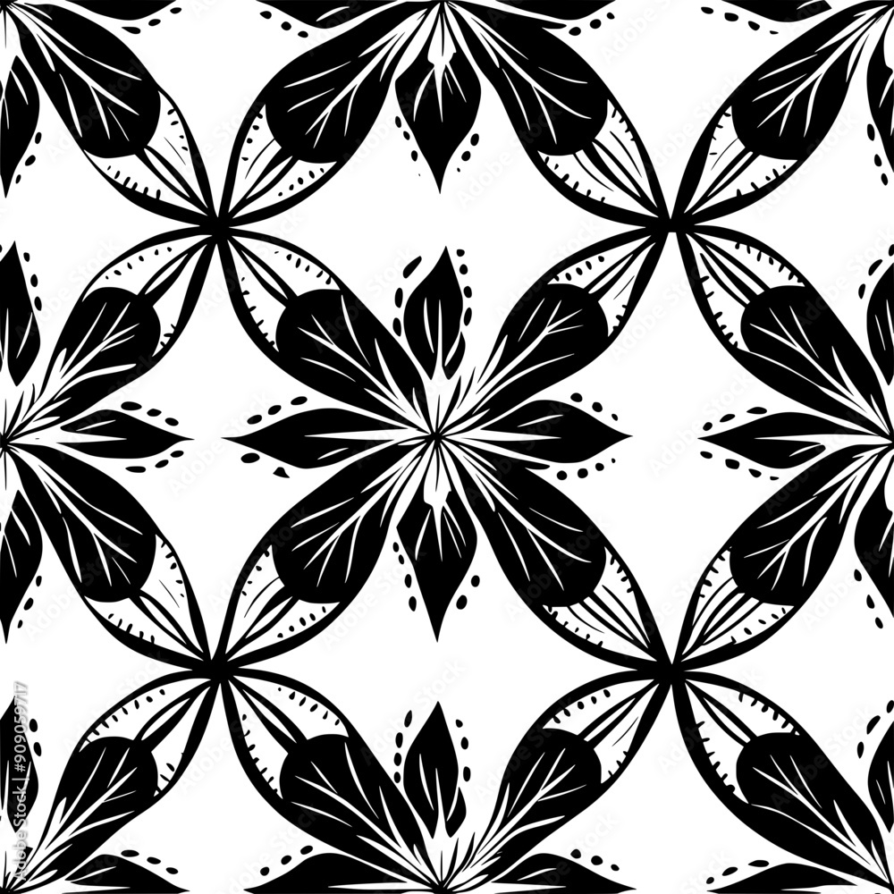 Fototapeta premium Chic, angular flowers with stylized petal shapes and symmetrical foliage, seamless pattern vector