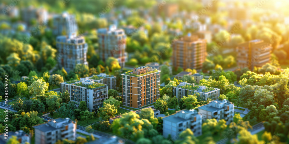 Obraz premium Aerial perspective of residential buildings in an urban area surrounded by abundant green trees and sunlight.