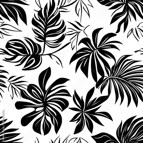 Dense thickets of tropical leaves, intertwined with delicate buds and flowers, seamless pattern vector