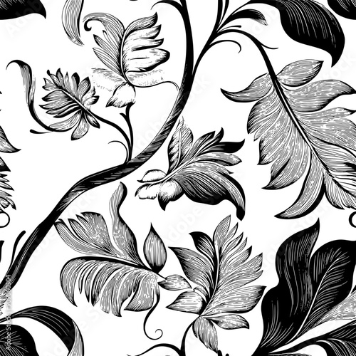 Exotic foliage with large, detailed leaves and fine, curling tendrils, seamless pattern vector