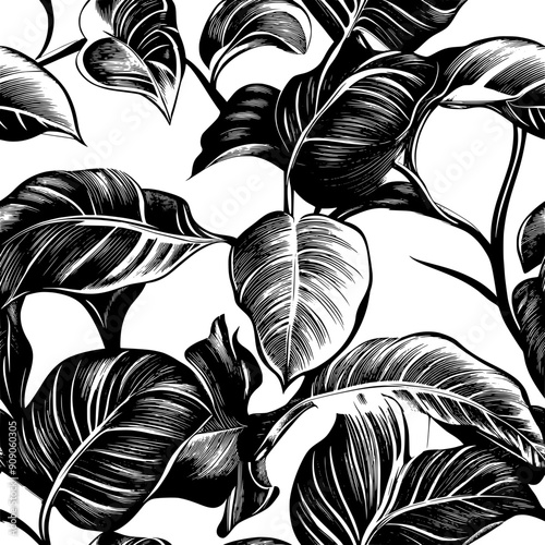 Exotic foliage with large, detailed leaves and fine, curling tendrils, seamless pattern vector