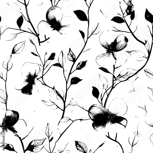Gentle blooms with soft, tender petals and light, newly grown leaves, seamless pattern vector