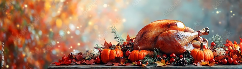 Roasted Turkey with Pumpkins and Fall Foliage for Thanksgiving Dinner Roasted Turkey with Pumpkins and Fall Foliage for Thanksgiving Dinner