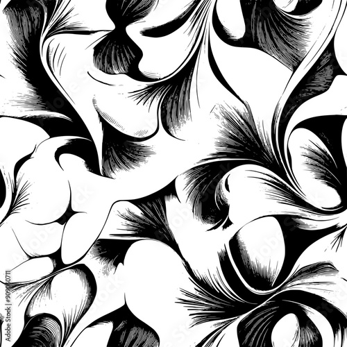 Hypnotic flowers with fluid, twisting petals and fantastical, surreal leaf motifs, seamless pattern vector