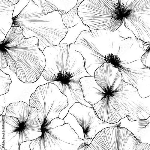 Intricate floral forms traced in fine lines, each bloom captured with graceful simplicity, seamless pattern vector