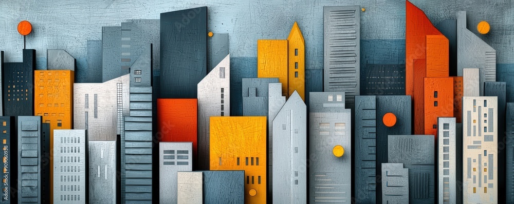 Colorful urban skyline illustration featuring a blend of modern buildings and abstract shapes, perfect for creative projects. Colorful urban skyline illustration featuring a blend of modern buildings and abstract shapes, perfect for creative projects.