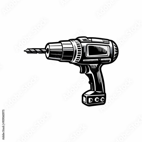Black and white silhouette of a drill with a detailed vector illustration.