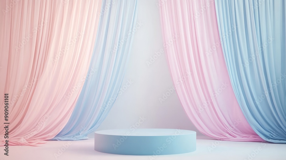 Pastel Pink and Blue Curtains with a Circular Pedestal Pastel Pink and Blue Curtains with a Circular Pedestal