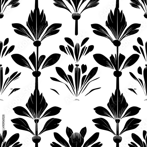 Modernist blooms with sleek, geometric petals and art deco leaf patterns, seamless pattern vector