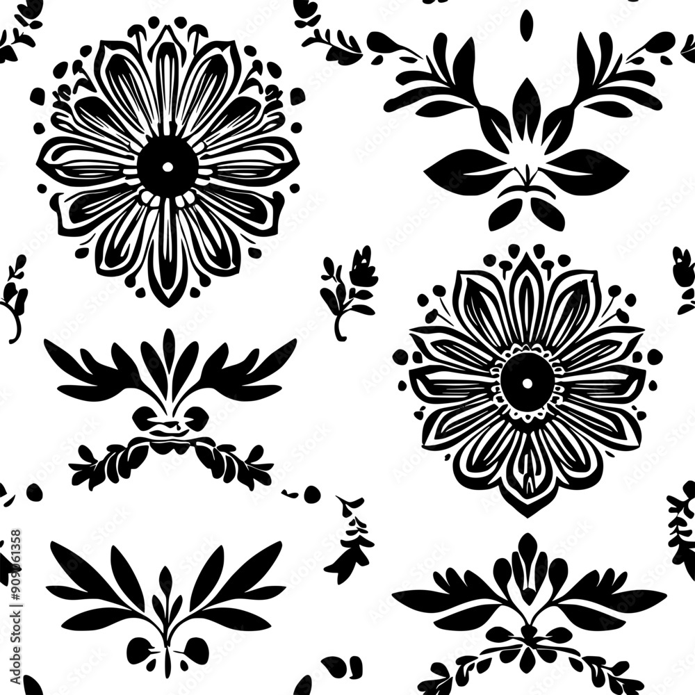 Obraz premium Ornate flowers with elaborate petal details and stylized, traditional Mexican leaf motifs, seamless pattern vector