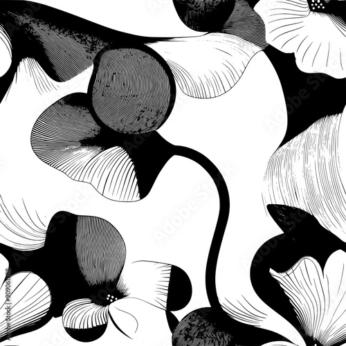 Overlapping shapes suggesting flowers, fluid transitions between petals and surrounding elements, seamless pattern vector