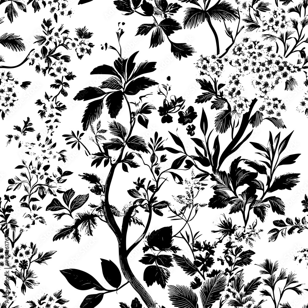 Serene countryside imagery accompanied by finely detailed floral and leafy patterns, seamless pattern vector Serene countryside imagery accompanied by finely detailed floral and leafy patterns, seamless pattern vector
