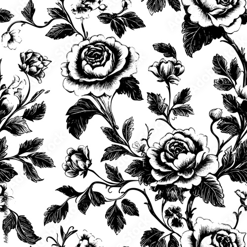 Rich, decorative blooms with finely detailed leaves, exuding a classic elegance, seamless pattern vector