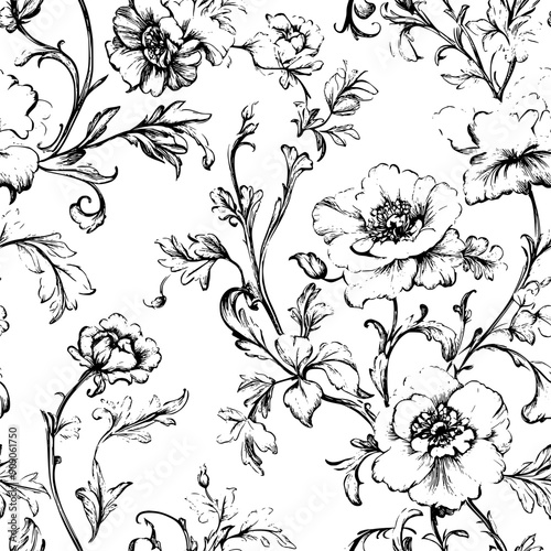 Romantic flowers with flowing lines and nature-influenced botanical details, seamless pattern vector