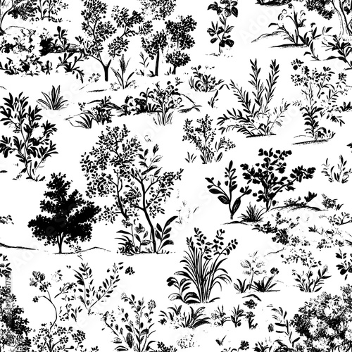 Scenic illustrations with finely detailed pastoral imagery amidst graceful botanical elements, seamless pattern vector