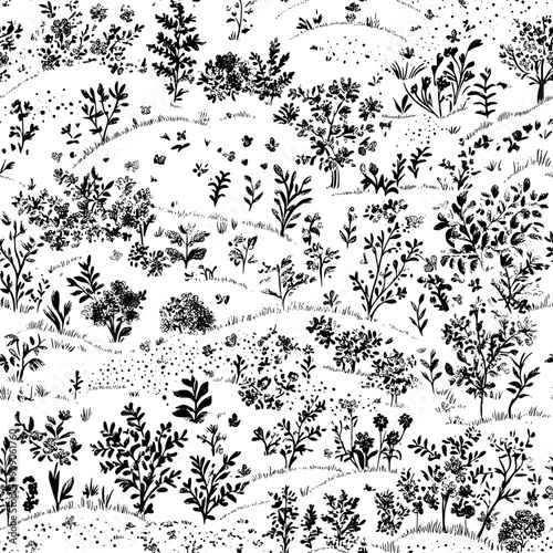 Serene countryside imagery accompanied by finely detailed floral and leafy patterns, seamless pattern vector