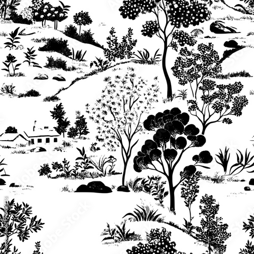 Scenic illustrations with finely detailed pastoral imagery amidst graceful botanical elements, seamless pattern vector