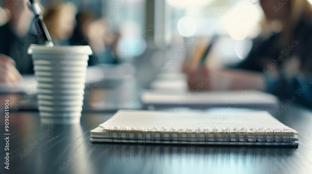 Close-up of office supplies including a notepad and a cup on a desk with blurred people in the background. Close-up of office supplies including a notepad and a cup on a desk with blurred people in the background.