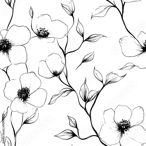 Subtle, elegant flowers with thin, smooth lines, a nod to classic Asian floral depictions, seamless pattern vector
