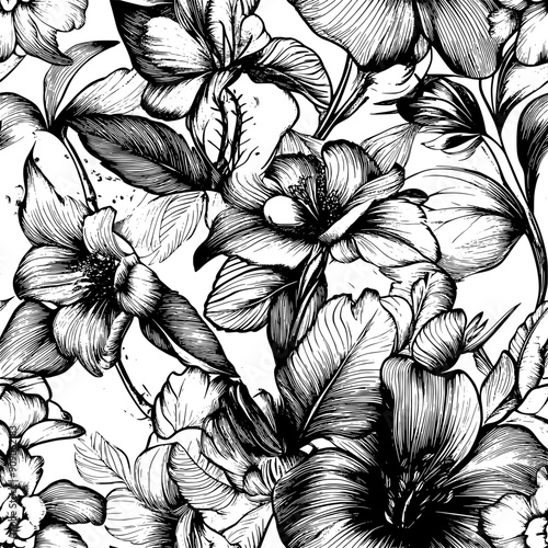 Sumptuous flowers with dramatic petals and lush, tropical leaf patterns evoking a paradisiacal feel, seamless pattern vector photo