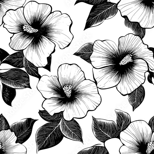 Thriving blooms with expansive petals and luxuriant, summer leaf elements, seamless pattern vector