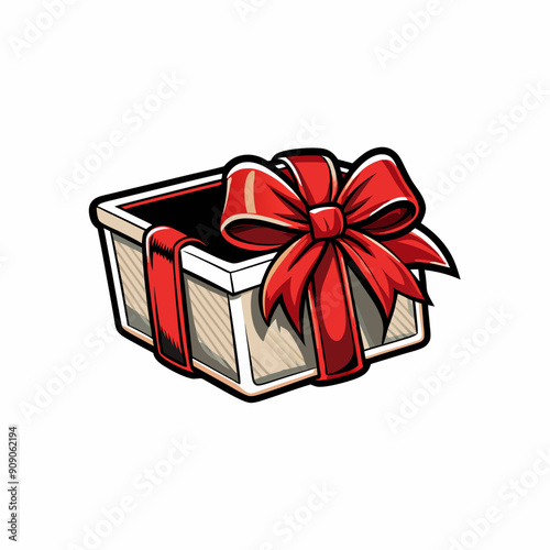 An empty, open gift box with a red bow.