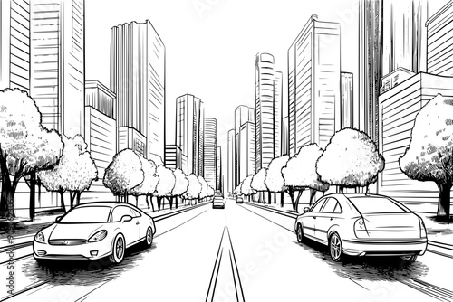 Busy urban street with high-rise buildings, sidewalk trees, and parked cars, vector illustration art