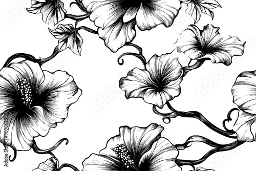 A chain of hibiscus-like flowers with pronounced stamen details, linked by undulating vine motifs throughout, seamless pattern vector