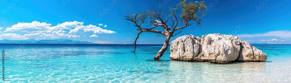 Stunning seascape featuring a solitary tree beside a rocky shore, crystalline water, and a bright blue sky with soft clouds. Stunning seascape featuring a solitary tree beside a rocky shore, crystalline water, and a bright blue sky with soft clouds.