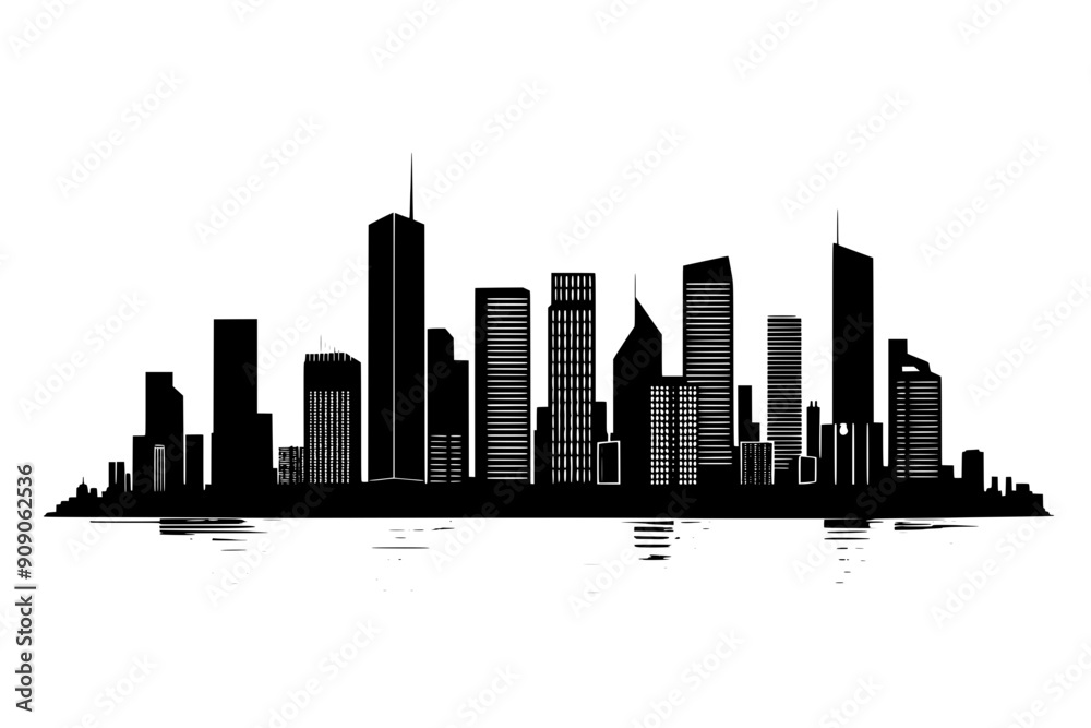 Coastal city skyline with tall and short buildings near the waterfront, vector illustration art Coastal city skyline with tall and short buildings near the waterfront, vector illustration art