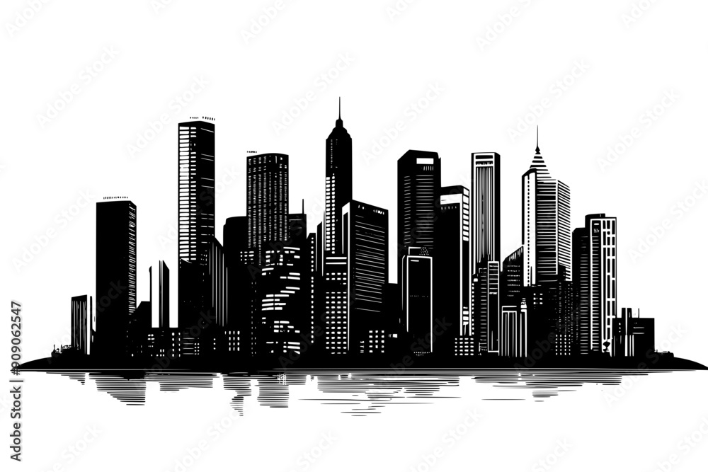 Coastal city skyline with tall and short buildings near the waterfront, vector illustration art Coastal city skyline with tall and short buildings near the waterfront, vector illustration art