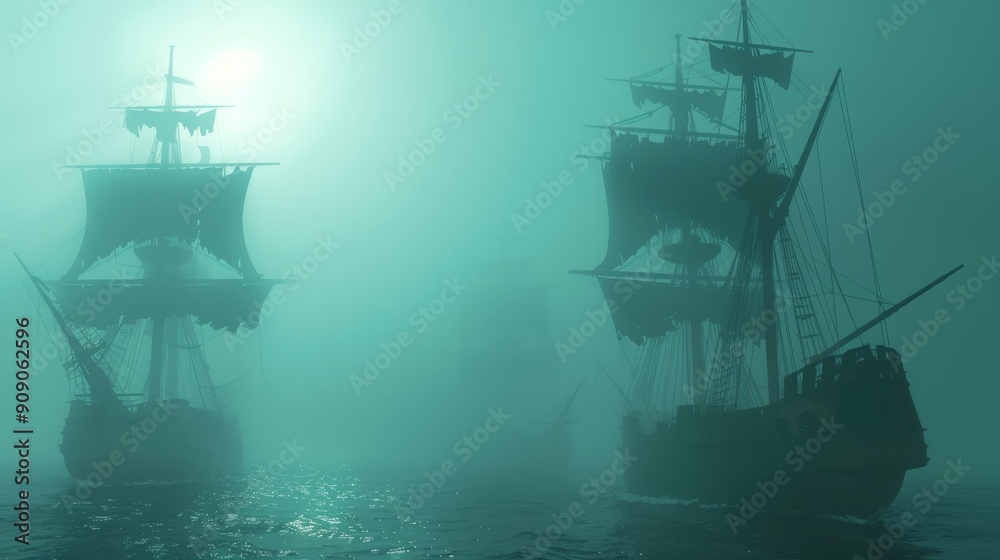 Two Silhouetted Ships Sailing Through a Dense Fog Two Silhouetted Ships Sailing Through a Dense Fog
