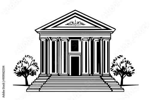 Classical library with tall columns, triangular pediment, wide steps to entrance, vector illustration art