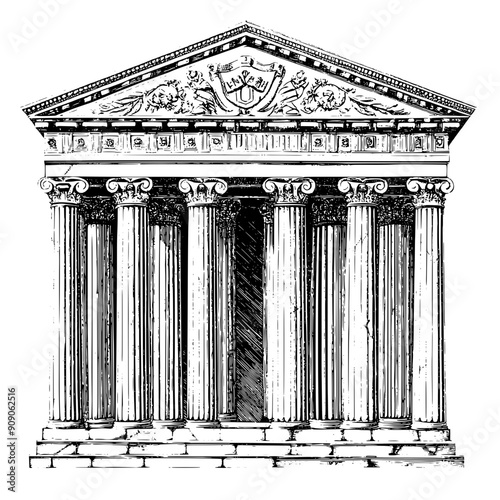 Classical Greek temple with fluted columns, pediment, and ornate frieze, vector illustration art