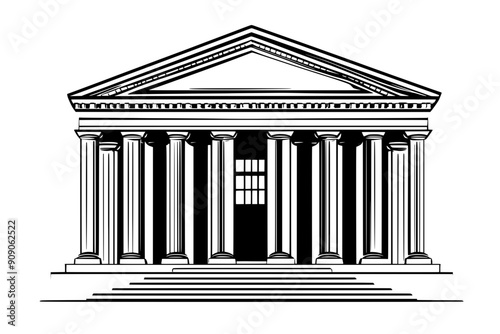 Classical library with tall columns, triangular pediment, wide steps to entrance, vector illustration art